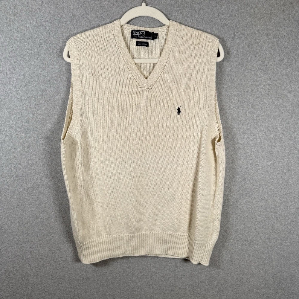 Polo ralph lauren linen cotton vest mens large vintage 90s ivory beige knit